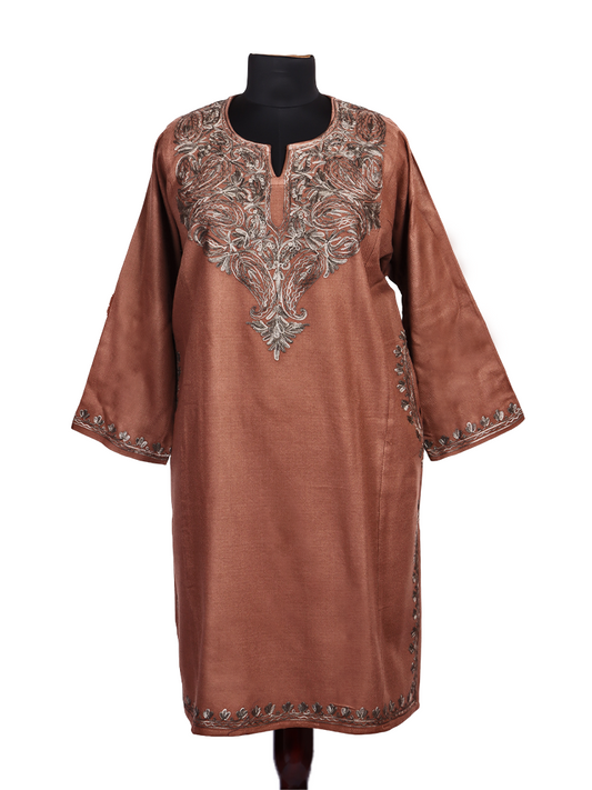 Brownish Pink Cashmilon Wool Aari Embroidered Kashmiri Pheran - Pehnava