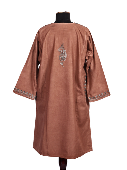Brownish Pink Cashmilon Wool Aari Embroidered Kashmiri Pheran - Pehnava