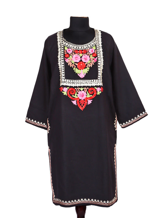 Cashmilon Jet Black Wool Aari Embroidered Kashmiri Pheran - Pehnava