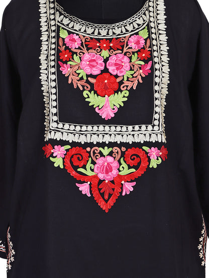 Cashmilon Jet Black Wool Aari Embroidered Kashmiri Pheran - Pehnava
