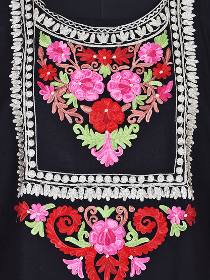 Cashmilon Jet Black Wool Aari Embroidered Kashmiri Pheran - Pehnava
