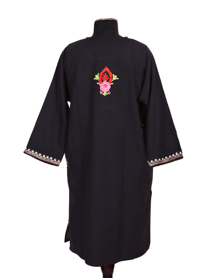 Cashmilon Jet Black Wool Aari Embroidered Kashmiri Pheran - Pehnava