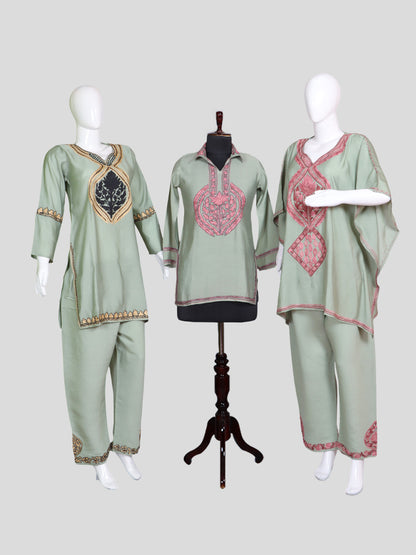 Zariya Pastel Mint Green Silk Trio Edit - Kurti, Kaftan Set, & Coord Set