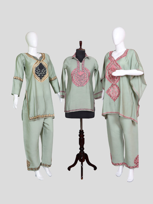 Zariya Pastel Mint Green Silk Trio Edit - Kurti, Kaftan Set, & Coord Set