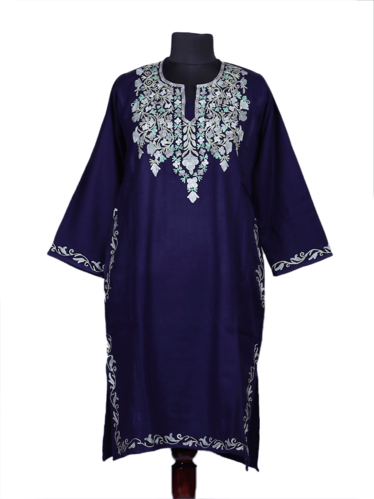 Mahrosh: dark blue nich poshkar Aari Embroidery cashmilon pheran - Shopping in Kashmir