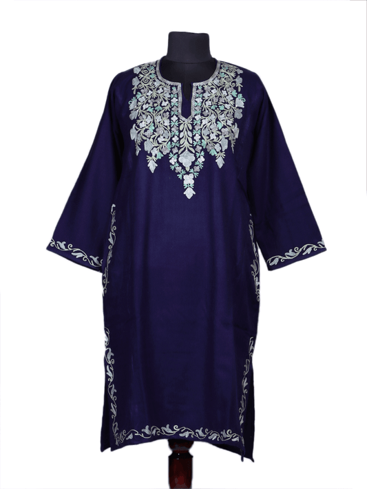 Mahrosh: dark blue nich poshkar Aari Embroidery cashmilon pheran - Shopping in Kashmir