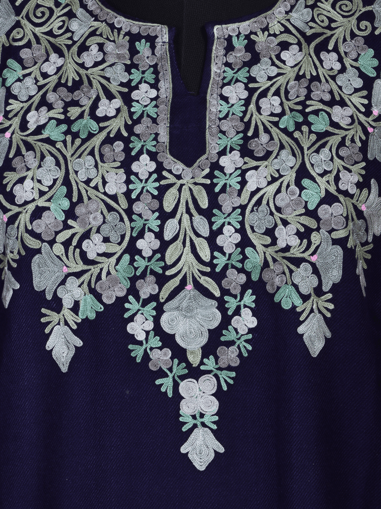 Mahrosh: dark blue nich poshkar Aari Embroidery cashmilon pheran - Shopping in Kashmir