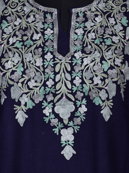 Mahrosh: dark blue nich poshkar Aari Embroidery cashmilon pheran - Shopping in Kashmir