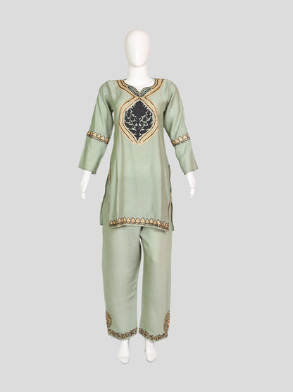 Zariya Pastel Mint Green Silk Trio Edit - Kurti, Kaftan Set, & Coord Set
