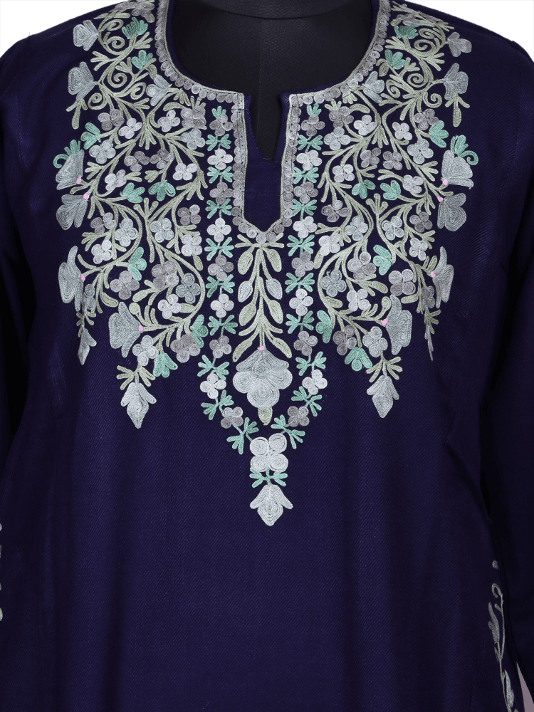 Mahrosh: dark blue nich poshkar Aari Embroidery cashmilon pheran - Shopping in Kashmir