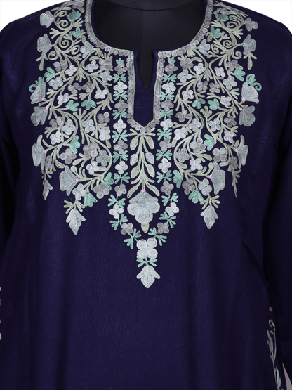 Mahrosh: dark blue nich poshkar Aari Embroidery cashmilon pheran - Shopping in Kashmir