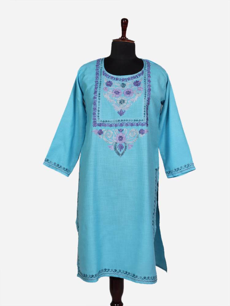 nAARI Fountain Blue Kashmiri Aari Embroidered Cotton Kurti - Shopping in Kashmir