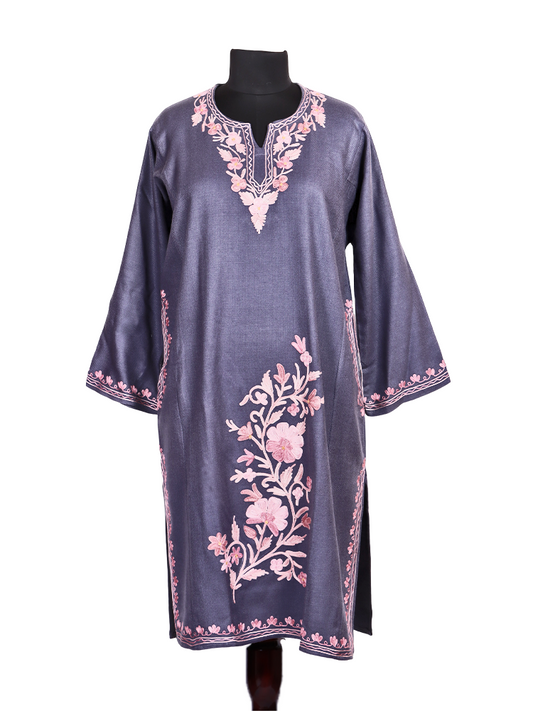 Bluish Grey Cashmilon Wool Aari Embroidered Kashmiri Pheran - Pehnava