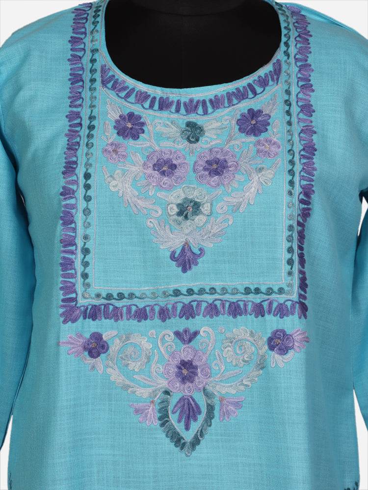 nAARI Fountain Blue Kashmiri Aari Embroidered Cotton Kurti - Shopping in Kashmir