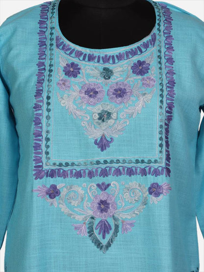 nAARI Fountain Blue Kashmiri Aari Embroidered Cotton Kurti - Shopping in Kashmir