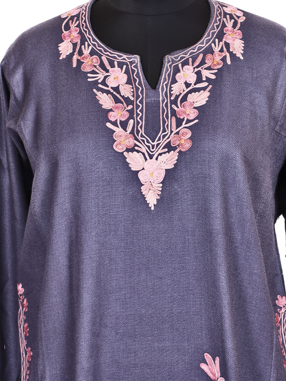 Bluish Grey Cashmilon Wool Aari Embroidered Kashmiri Pheran - Pehnava