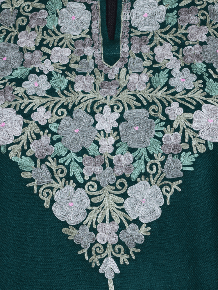 Zarbaft-e-Nazakat: green nich poshkar Aari Embroidery pheran - Shopping in Kashmir
