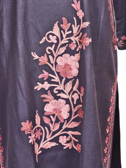 Bluish Grey Cashmilon Wool Aari Embroidered Kashmiri Pheran - Pehnava