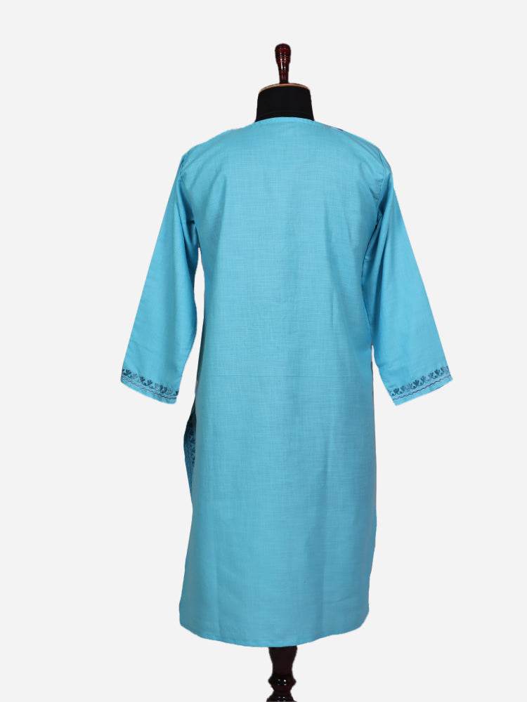 nAARI Fountain Blue Kashmiri Aari Embroidered Cotton Kurti - Shopping in Kashmir