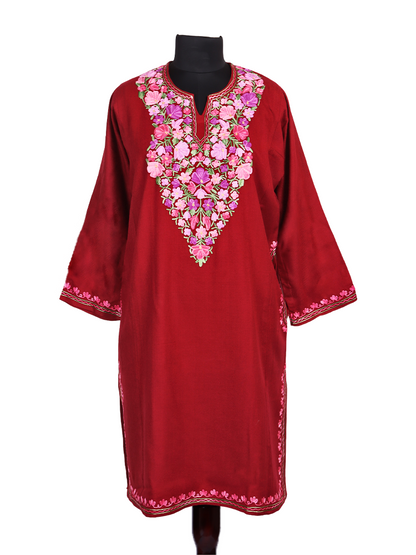 Blood Red Cashmilon Wool Aari Embroidered Kashmiri Pheran - Pehnava