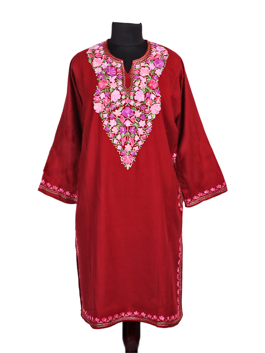 Blood Red Cashmilon Wool Aari Embroidered Kashmiri Pheran - Pehnava