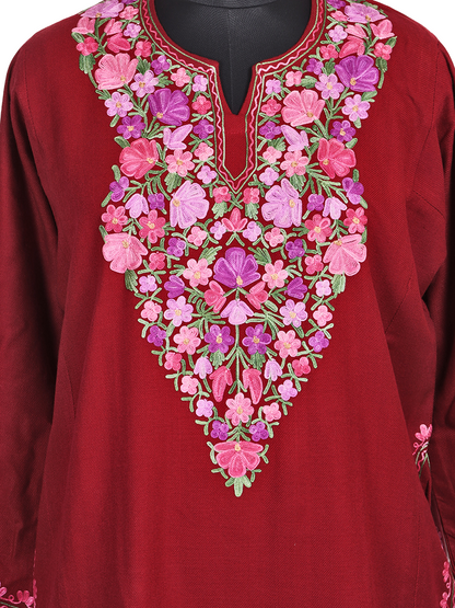 Blood Red Cashmilon Wool Aari Embroidered Kashmiri Pheran - Pehnava