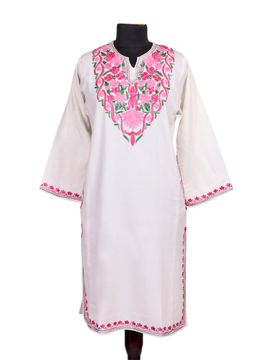 Classic White Cashmilon Wool Aari Embroidered Kashmiri Pheran - Pehnava