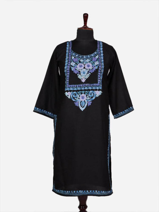 nAARI Solid Black Kashmiri Aari Embroidered Cotton Kurti - Shopping in Kashmir