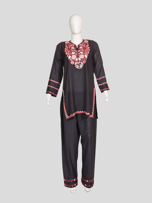 Zariya Kashmiri Aari Embroidered Black Summer Cool Cotton Coord Set