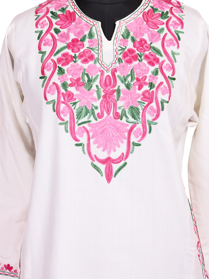 Classic White Cashmilon Wool Aari Embroidered Kashmiri Pheran - Pehnava