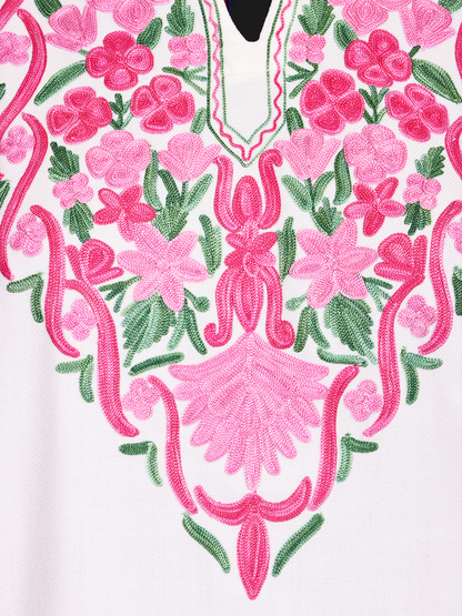 Classic White Cashmilon Wool Aari Embroidered Kashmiri Pheran - Pehnava