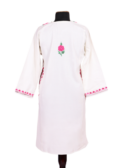 Classic White Cashmilon Wool Aari Embroidered Kashmiri Pheran - Pehnava