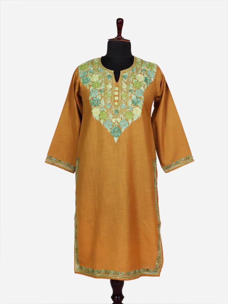 nAARI Mustard Yellow Kashmiri Aari Embroidered Cotton Kurti - Shopping in Kashmir