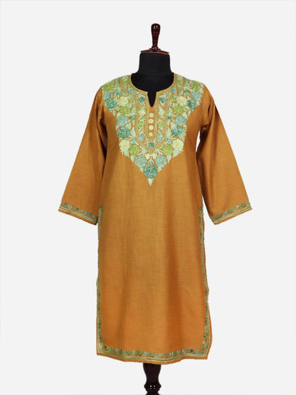 nAARI Mustard Yellow Kashmiri Aari Embroidered Cotton Kurti - Shopping in Kashmir