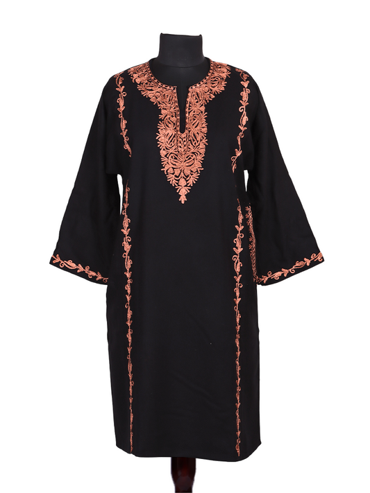 Black Cashmilon Zari Embroidered Kashmiri Pheran - Pehnava