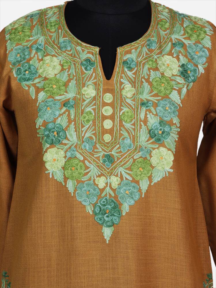 nAARI Mustard Yellow Kashmiri Aari Embroidered Cotton Kurti - Shopping in Kashmir