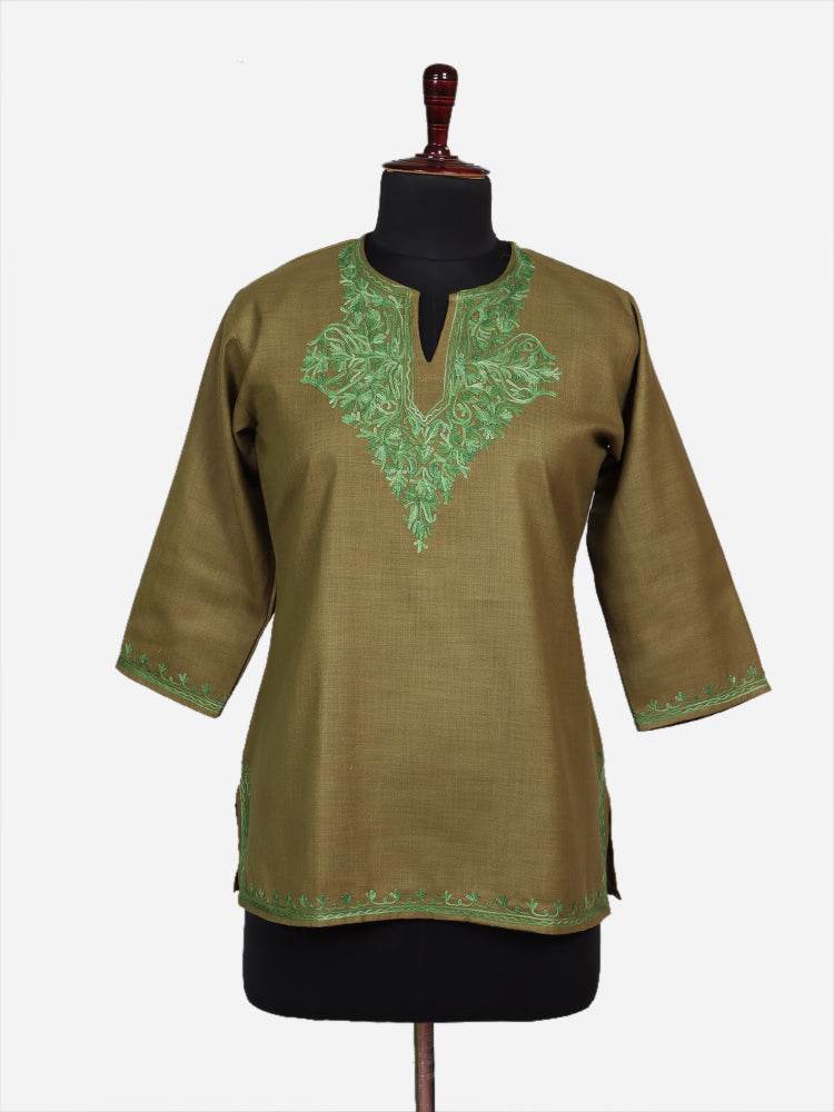 nAARI Olive Kashmiri Aari Embroidered Cotton Kurti - Shopping in Kashmir