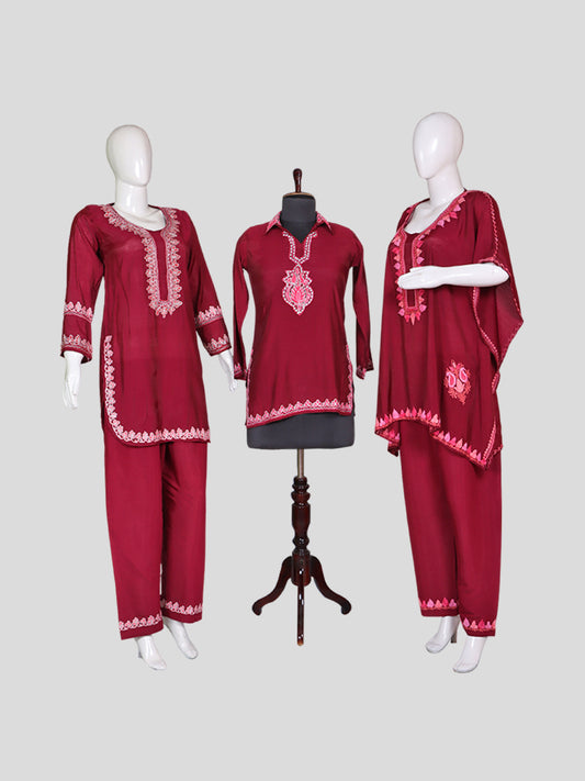 Zariya Blush-Red Silk Trio Edit - Kurti, Kaftan Set, & Coord Set