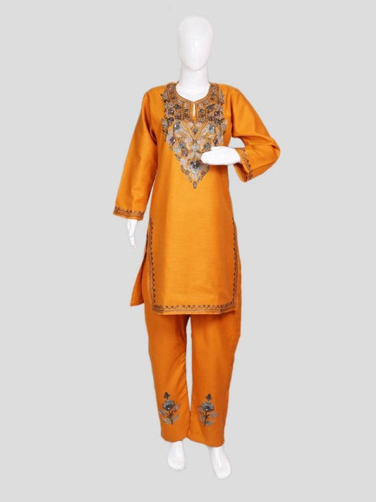 nAARI Kashmiri Aari Embroidered Orange Cotton Coord Set - Shopping in Kashmir
