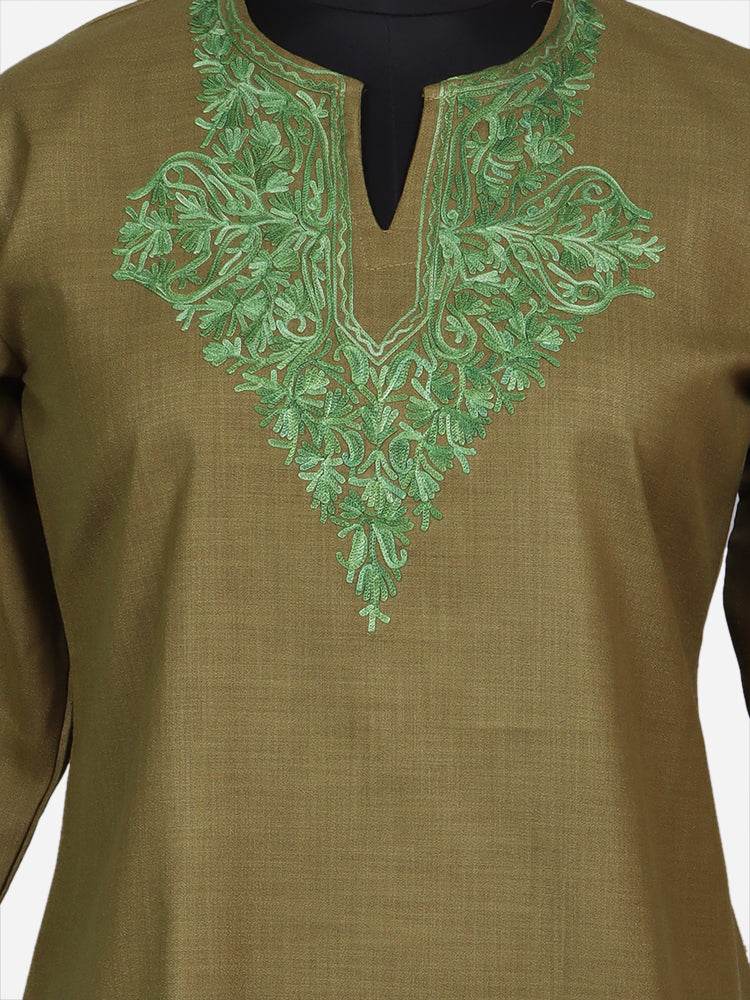 nAARI Olive Kashmiri Aari Embroidered Cotton Kurti - Shopping in Kashmir