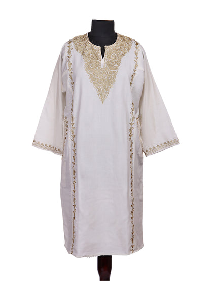 Off-White Cashmilon Wool Zari Embroidered Kashmiri Pheran - Pehnava