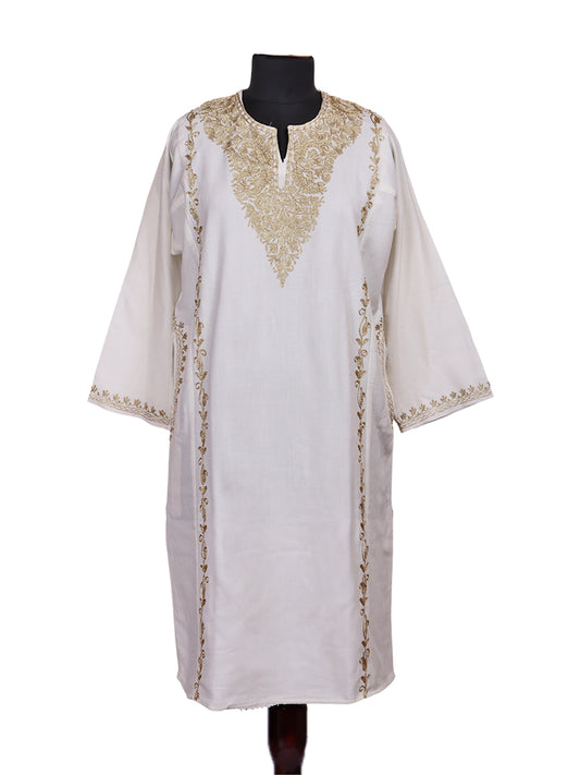 Off-White Cashmilon Wool Zari Embroidered Kashmiri Pheran - Pehnava