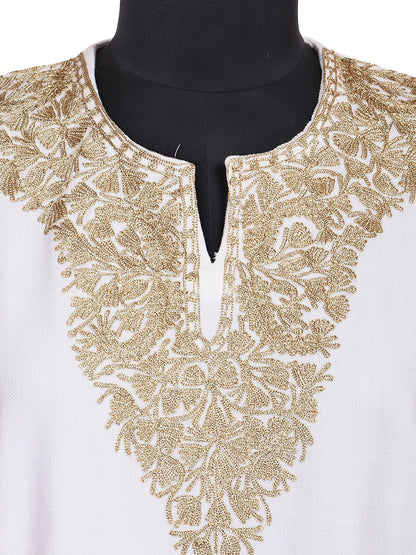 Off-White Cashmilon Wool Zari Embroidered Kashmiri Pheran - Pehnava
