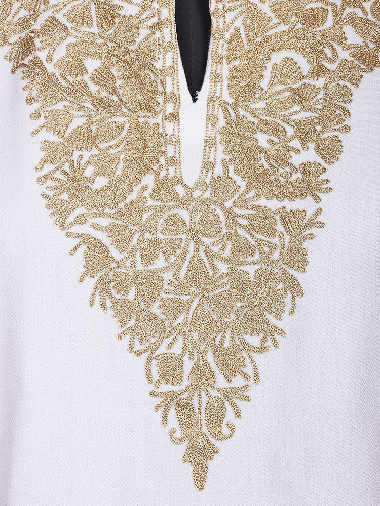 Off-White Cashmilon Wool Zari Embroidered Kashmiri Pheran - Pehnava