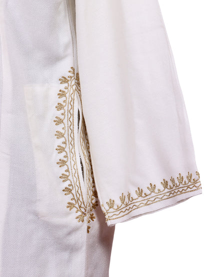 Off-White Cashmilon Wool Zari Embroidered Kashmiri Pheran - Pehnava