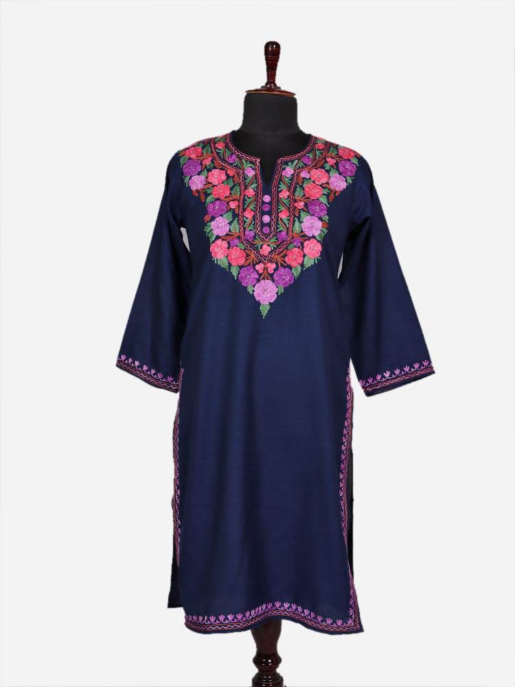 nAARI Classic Navy Blue Kashmiri Aari Embroidered Cotton Kurti - Shopping in Kashmir