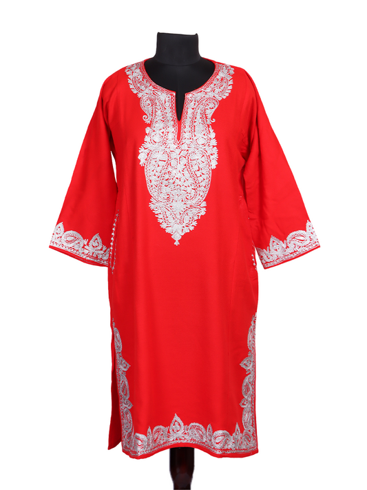 Carmine Red Cashmilon Wool Zari Embroidered Kashmiri Pheran - Pehnava