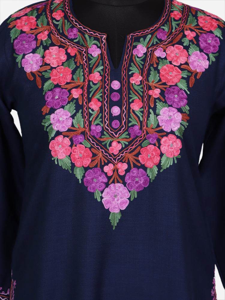 nAARI Classic Navy Blue Kashmiri Aari Embroidered Cotton Kurti - Shopping in Kashmir