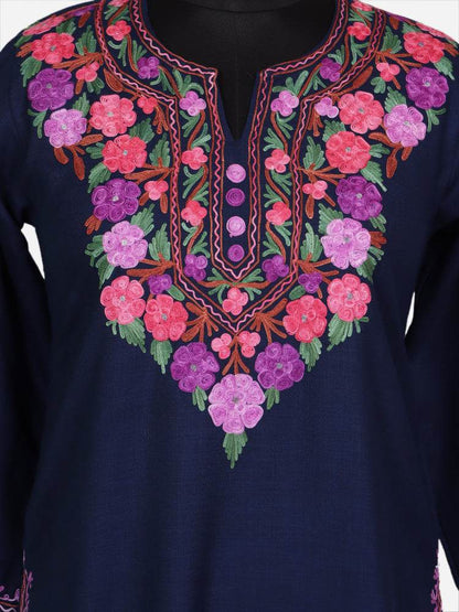 nAARI Classic Navy Blue Kashmiri Aari Embroidered Cotton Kurti - Shopping in Kashmir