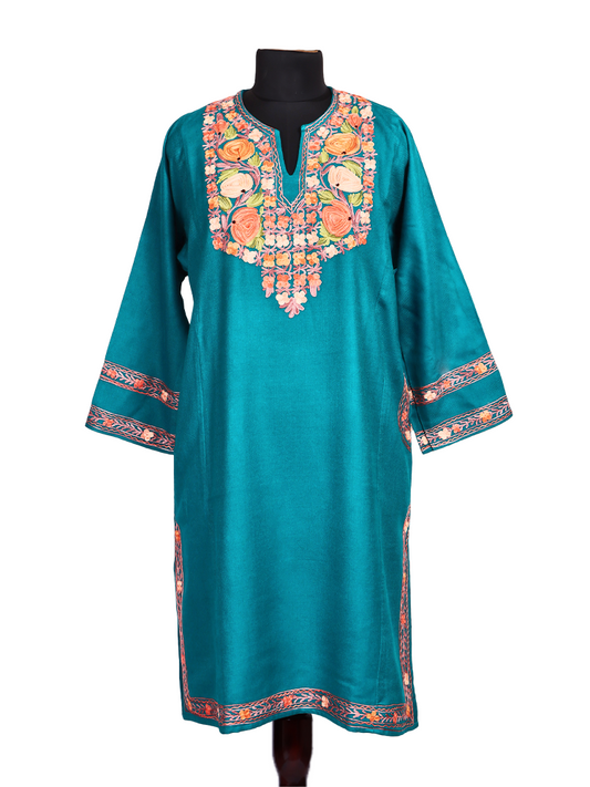 Sky Blue Cashmilon Wool Aari Embroidered Kashmiri Pheran - Pehnava